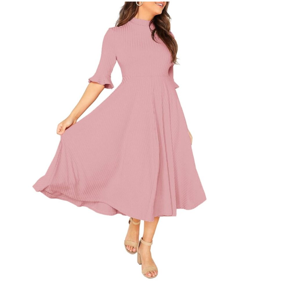 Ribbed Knit Bell Sleeve Fit and Flare Midi Dress | Size XL
